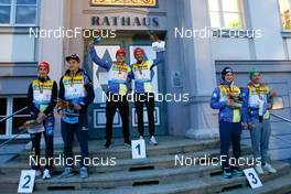 30.10.2021, Oberhof, Germany (GER): Eric Frenzel (GER), Terence Weber (GER), Julian Schmid (GER), Johannes Rydzek (GER), Manuel Faisst (GER), Fabian Riessle (GER) (l-r) - German Championships Nordic Combined, medals, Oberhof (GER). www.nordicfocus.com. © Volk/NordicFocus. Every downloaded picture is fee-liable.