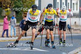 31.10.2021, Oberhof, Germany (GER): Simon Mach, Aaron Uhrmann,Pepe Schula (l-r)  - German Championships Nordic Combined, team HS140/5km men, Oberhof (GER). www.nordicfocus.com. © Volk/NordicFocus. Every downloaded picture is fee-liable.