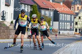31.10.2021, Oberhof, Germany (GER): David Mach (GER), Pirmin Maier (GER), Jakob Lange (GER) (l-r)  - German Championships Nordic Combined, team HS140/5km men, Oberhof (GER). www.nordicfocus.com. © Volk/NordicFocus. Every downloaded picture is fee-liable.