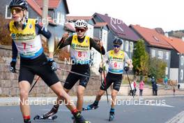 31.10.2021, Oberhof, Germany (GER): David Mach (GER), Pirmin Maier (GER), Jakob Lange (GER), (l-r)  - German Championships Nordic Combined, team HS140/5km men, Oberhof (GER). www.nordicfocus.com. © Volk/NordicFocus. Every downloaded picture is fee-liable.
