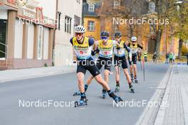 31.10.2021, Oberhof, Germany (GER): Gerard Antoine (FRA), Jakob Lange (GER), David Mach (GER), (l-r)  - German Championships Nordic Combined, team HS140/5km men, Oberhof (GER). www.nordicfocus.com. © Volk/NordicFocus. Every downloaded picture is fee-liable.