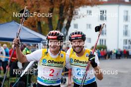 31.10.2021, Oberhof, Germany (GER): Julian Schmid (GER), Johannes Rydzek (GER), (l-r)  - German Championships Nordic Combined, team HS140/5km men, Oberhof (GER). www.nordicfocus.com. © Volk/NordicFocus. Every downloaded picture is fee-liable.