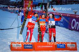 04.12.2021, Lillehammer, Norway (NOR): Mari Leinan Lund (NOR), Gyda Westvold Hansen (NOR), Lisa Hirner (AUT), (l-r) - FIS world cup nordic combined women, individual gundersen HS98/5km, Lillehammer (NOR). www.nordicfocus.com. © Thibaut/NordicFocus. Every downloaded picture is fee-liable.