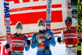 10.01.2021, Titisee-Neustadt, Germany (GER): Daniel Andre Tande (NOR), Halvor Egner Granerud (NOR), Stefan Kraft (AUT) (l-r)  - FIS world cup ski jumping men, individual HS142, Titisee-Neustadt (GER). www.nordicfocus.com. © Volk/NordicFocus. Every downloaded picture is fee-liable.