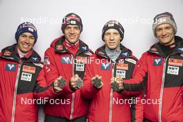 27.02.2021, Oberstdorf, Germany (GER): Stefan Kraft (AUT), Philipp Aschenwald (AUT), Jan Hoerl (AUT), Daniel Huber (AUT), (l-r)  - FIS nordic world ski championships ski jumping men, medals, Oberstdorf (GER). www.nordicfocus.com. © Modica/NordicFocus. Every downloaded picture is fee-liable.