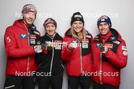 27.02.2021, Oberstdorf, Germany (GER): Michael Hayboeck (AUT), Daniela Iraschko-Stolz (AUT), Marita Kramer (AUT), Stefan Kraft (AUT), (l-r)  - FIS nordic world ski championships ski jumping men, medals, Oberstdorf (GER). www.nordicfocus.com. © Modica/NordicFocus. Every downloaded picture is fee-liable.