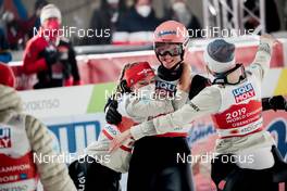 28.02.2021, Oberstdorf, Germany (GER): Katharina Althaus (GER), Karl Geiger (GER), Anna Rupprecht (GER), (l-r)  - FIS nordic world ski championships ski jumping men, mixed team HS106, Oberstdorf (GER). www.nordicfocus.com. © Modica/NordicFocus. Every downloaded picture is fee-liable.