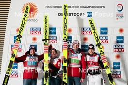28.02.2021, Oberstdorf, Germany (GER): Stefan Kraft (AUT), Daniela Iraschko-Stolz (AUT), Michael Hayboeck (AUT), Marita Kramer (AUT), (l-r)  - FIS nordic world ski championships ski jumping men, mixed team HS106, Oberstdorf (GER). www.nordicfocus.com. © Modica/NordicFocus. Every downloaded picture is fee-liable.