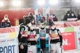 28.02.2021, Oberstdorf, Germany (GER): Bor Pavlovcic (SLO), Nika Kriznar (SLO), Anze Lanisek (SLO), Ema Klinec (SLO), (l-r)  - FIS nordic world ski championships ski jumping men, mixed team HS106, Oberstdorf (GER). www.nordicfocus.com. © Modica/NordicFocus. Every downloaded picture is fee-liable.