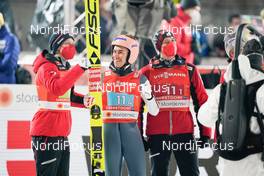 06.03.2021, Oberstdorf, Germany (GER): Jan Hoerl (AUT), Stefan Kraft (AUT), Philipp Aschenwald (AUT), (l-r) - FIS nordic world ski championships ski jumping men, team HS137, Oberstdorf (GER). www.nordicfocus.com. © Thibaut/NordicFocus. Every downloaded picture is fee-liable.