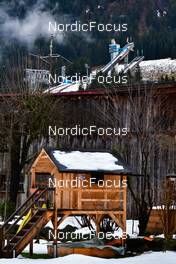 29.12.2021, Oberstdorf, Germany (GER): feature: wooden hut, Schattenbergschanze in the background - FIS world cup ski jumping men, four hills tournament, individual HS137, Oberstdorf (GER). www.nordicfocus.com. © Reichert/NordicFocus. Every downloaded picture is fee-liable.