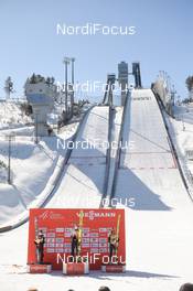 28.03.2021, Chaikovsky, Russia (RUS): Sara Takanashi (JPN) (L), Nika Kriznar (SLO), Marita Kramer (AUT)( L) - FIS world cup ski jumping women, cups, Chaikovsky (RUS). www.nordicfocus.com. © Tumashov/NordicFocus. Every downloaded picture is fee-liable.