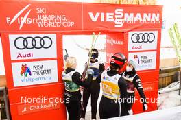 28.03.2021, Chaikovsky, Russia (RUS): Frida Berger (NOR), Silje Opseth (NOR), Anna Odine Stroem (NOR), Thea Minyan Bjoerseth (NOR), (l-r) - FIS world cup ski jumping women, team HS102, Chaikovsky (RUS). www.nordicfocus.com. © Tumashov/NordicFocus. Every downloaded picture is fee-liable.