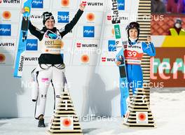 25.02.2021, Oberstdorf, Germany (GER): Ema Klinec (SLO), Sara Takanashi (JPN), (l-r) - FIS nordic world ski championships ski jumping women, individual HS106, Oberstdorf (GER). www.nordicfocus.com. © Thibaut/NordicFocus. Every downloaded picture is fee-liable.