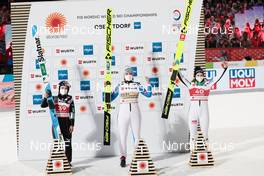 03.03.2021, Oberstdorf, Germany (GER): Sara Takanashi (JPN), Maren Lundby (NOR), Nika Kriznar (SLO), (l-r)  - FIS nordic world ski championships ski jumping women, individual HS137, Oberstdorf (GER). www.nordicfocus.com. © Modica/NordicFocus. Every downloaded picture is fee-liable.