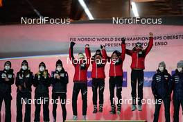 27.02.2021, Oberstdorf, Germany (GER): Nika Kriznar (SLO), Spela Rogelj (SLO), Ursa Bogataj (SLO), Ema Klinec (SLO), Daniela Iraschko-Stolz (AUT), Sophie Sorschag (AUT), Chiara Hoelzl (AUT), Marita Kramer (AUT), (l-r)  - FIS nordic world ski championships ski jumping women, medals, Oberstdorf (GER). www.nordicfocus.com. © Thibaut/NordicFocus. Every downloaded picture is fee-liable.