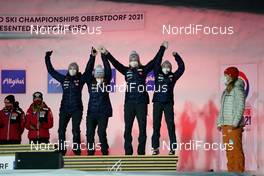 27.02.2021, Oberstdorf, Germany (GER): Silje Opseth (NOR), Anna Odine Stroem (NOR), Thea Minyan Bjoerseth (NOR), Maren Lundby (NOR), (l-r)  - FIS nordic world ski championships ski jumping women, medals, Oberstdorf (GER). www.nordicfocus.com. © Thibaut/NordicFocus. Every downloaded picture is fee-liable.