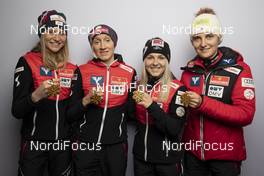 25.02.2021, Oberstdorf, Germany (GER): Marita Kramer (AUT), Daniela Iraschko-Stolz (AUT), Chiara Hoelzl (AUT), Sophie Sorschag (AUT), (l-r)  - FIS nordic world ski championships ski jumping women, medals, Oberstdorf (GER). www.nordicfocus.com. © Modica/NordicFocus. Every downloaded picture is fee-liable.