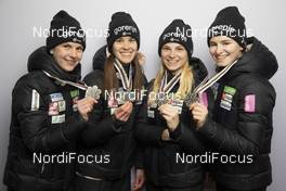 25.02.2021, Oberstdorf, Germany (GER): Ema Klinec (SLO), Ursa Bogataj (SLO), Spela Rogelj (SLO), Nika Kriznar (SLO), (l-r)  - FIS nordic world ski championships ski jumping women, medals, Oberstdorf (GER). www.nordicfocus.com. © Modica/NordicFocus. Every downloaded picture is fee-liable.
