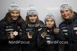 25.02.2021, Oberstdorf, Germany (GER): Silje Opseth (NOR), Anna Odine Stroem (NOR), Thea Minyan Bjoerseth (NOR), Maren Lundby (NOR), (l-r)  - FIS nordic world ski championships ski jumping women, medals, Oberstdorf (GER). www.nordicfocus.com. © Modica/NordicFocus. Every downloaded picture is fee-liable.
