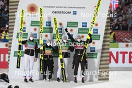 26.02.2021, Oberstdorf, Germany (GER): Maren Lundby (NOR), Thea Minyan Bjoerseth (NOR), Anna Odine Stroem (NOR), Silje Opseth (NOR), (l-r)  - FIS nordic world ski championships ski jumping women, team HS106, Oberstdorf (GER). www.nordicfocus.com. © Modica/NordicFocus. Every downloaded picture is fee-liable.
