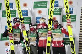 26.02.2021, Oberstdorf, Germany (GER): Marita Kramer (AUT), Chiara Hoelzl (AUT), Sophie Sorschag (AUT), Daniela Iraschko-Stolz (AUT), (l-r)  - FIS nordic world ski championships ski jumping women, team HS106, Oberstdorf (GER). www.nordicfocus.com. © Modica/NordicFocus. Every downloaded picture is fee-liable.