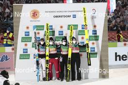 26.02.2021, Oberstdorf, Germany (GER): Ema Klinec (SLO), Ursa Bogataj (SLO), Spela Rogelj (SLO), Nika Kriznar (SLO), (l-r)  - FIS nordic world ski championships ski jumping women, team HS106, Oberstdorf (GER). www.nordicfocus.com. © Modica/NordicFocus. Every downloaded picture is fee-liable.