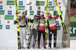 26.02.2021, Oberstdorf, Germany (GER): Marita Kramer (AUT), Chiara Hoelzl (AUT), Sophie Sorschag (AUT), Daniela Iraschko-Stolz (AUT), (l-r)  - FIS nordic world ski championships ski jumping women, team HS106, Oberstdorf (GER). www.nordicfocus.com. © Modica/NordicFocus. Every downloaded picture is fee-liable.