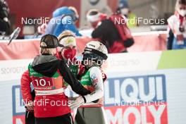 26.02.2021, Oberstdorf, Germany (GER): Daniela Iraschko-Stolz (AUT), Chiara Hoelzl (AUT), (l-r)  - FIS nordic world ski championships ski jumping women, team HS106, Oberstdorf (GER). www.nordicfocus.com. © Modica/NordicFocus. Every downloaded picture is fee-liable.