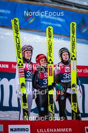 04.12.2021 Lillehammer, Norway (NOR): Marita Kramer (AUT), Katharina Althaus (GER), Ursa Bogataj (SLO), (l-r) - FIS world cup ski jumping women, individual HS98, Lillehammer (NOR). www.nordicfocus.com. © Modica/NordicFocus. Every downloaded picture is fee-liable.
