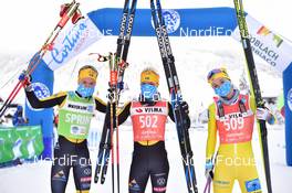 24.01.2021, Toblach-Cortina, Italy (ITA): Astrid Oeyre Slind (NOR), Lina Korsgren (SWE), Emilie Fleten (NOR), group l-r, podium l-r - Visma Ski Classics, Toblach-Cortina (ITA). www.nordicfocus.com. © Reichert/NordicFocus. Every downloaded picture is fee-liable.