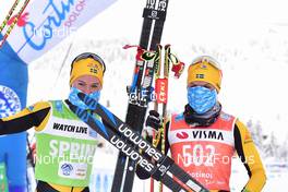 24.01.2021, Toblach-Cortina, Italy (ITA): Astrid Oeyre Slind (NOR), Lina Korsgren (SWE), group l-r, podium l-r - Visma Ski Classics, Toblach-Cortina (ITA). www.nordicfocus.com. © Reichert/NordicFocus. Every downloaded picture is fee-liable.
