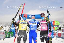 24.01.2021, Toblach-Cortina, Italy (ITA): Oskar Kardin (NOR), Ermil Vokuev (RUS), Emil Persson (SWE), podium l-r - Visma Ski Classics, Toblach-Cortina (ITA). www.nordicfocus.com. © Reichert/NordicFocus. Every downloaded picture is fee-liable.