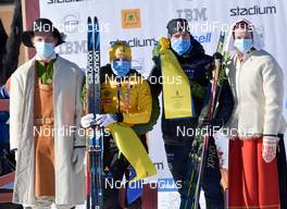 07.03.2021, Mora, Sweden (SWE): Gustaf Berrglund, Lina Korsgren (SWE), Tord Asle Gjerdalen (NOR), Emelier Brudin (l-r) - Visma Ski Classics Vasaloppet, Mora (SWE). www.nordicfocus.com. © Schmidt/NordicFocus. Every downloaded picture is fee-liable. 