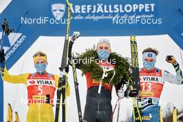 27.03.2021, Valadalen, Sweden (SWE): Stian Hoelgaard (NOR), Andreas Nygaard (NOR), Ari Luusua (FIN), (l-r) - Visma Ski Classics Arefjaellsloppet, Valadalen (SWE). www.nordicfocus.com. © Visma Ski Classics/Magnus Oesth/NordicFocus. Every downloaded picture is fee-liable.