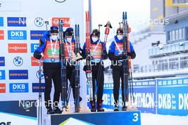 08.01.2022, Oberhof, Germany (GER): Simon Desthieux (FRA), Antonin Guigonnat (FRA), Anais Bescond (FRA), Julia Simon (FRA), (l-r) -  IBU World Cup Biathlon, relay mixed, Oberhof (GER). www.nordicfocus.com. © Manzoni/NordicFocus. Every downloaded picture is fee-liable.