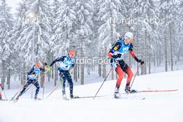 09.01.2022, Oberhof, Germany (GER): Sturla Holm Laegreid (NOR), Johannes Kuehn (GER), Roman Rees (GER), (l-r) -  IBU World Cup Biathlon, pursuit men, Oberhof (GER). www.nordicfocus.com. © Manzoni/NordicFocus. Every downloaded picture is fee-liable.