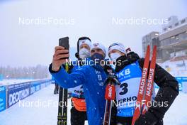 09.01.2022, Oberhof, Germany (GER): Tarjei Boe (NOR), Siegfried Mazet (FRA) coach team Norway, Sturla Holm Laegreid (NOR), (l-r) -  IBU World Cup Biathlon, pursuit men, Oberhof (GER). www.nordicfocus.com. © Manzoni/NordicFocus. Every downloaded picture is fee-liable.