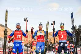 16.01.2022, Ruhpolding, Germany (GER): Alexandr Loginov (RUS), Quentin Fillon Maillet (FRA), Anton Smolski (BLR), (l-r) - IBU World Cup Biathlon, pursuit men, Ruhpolding (GER). www.nordicfocus.com. © Manzoni/NordicFocus. Every downloaded picture is fee-liable.