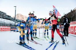 16.01.2022, Ruhpolding, Germany (GER): Elvira Oeberg (SWE), Anais Bescond (FRA), Hanna Oeberg (SWE), Linn Persson (SWE), Marte Olsbu Roeiseland (NOR), (l-r) - IBU World Cup Biathlon, pursuit women, Ruhpolding (GER). www.nordicfocus.com. © Manzoni/NordicFocus. Every downloaded picture is fee-liable.
