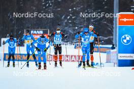 15.01.2022, Ruhpolding, Germany (GER): Quentin Fillon Maillet (FRA), Eric Perrot (FRA), Didier Bionaz (ITA), Scott Gow (CAN), Lukas Hofer (ITA), Jules Burnotte (CAN), (l-r) - IBU World Cup Biathlon, relay men, Ruhpolding (GER). www.nordicfocus.com. © Manzoni/NordicFocus. Every downloaded picture is fee-liable.