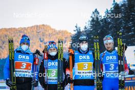 15.01.2022, Ruhpolding, Germany (GER): Said Karimulla Khalili (RUS), Daniil Serokhvostov (RUS), Alexandr Loginov (RUS), Maksim Tsvetkov (RUS), (l-r) - IBU World Cup Biathlon, relay men, Ruhpolding (GER). www.nordicfocus.com. © Manzoni/NordicFocus. Every downloaded picture is fee-liable.