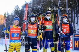 14.01.2022, Ruhpolding, Germany (GER): Anna Magnusson (SWE), Mona Brorsson (SWE), Stina Nilsson (SWE), Johanna Skottheim (SWE), (l-r) - IBU World Cup Biathlon, relay women, Ruhpolding (GER). www.nordicfocus.com. © Manzoni/NordicFocus. Every downloaded picture is fee-liable.