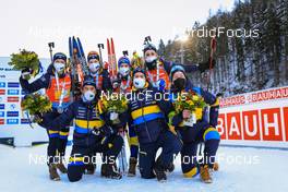 14.01.2022, Ruhpolding, Germany (GER): Mona Brorsson (SWE), Johanna Skottheim (SWE), Anna Magnusson (SWE), Stina Nilsson (SWE), Event Feature: Swedish team- IBU World Cup Biathlon, relay women, Ruhpolding (GER). www.nordicfocus.com. © Manzoni/NordicFocus. Every downloaded picture is fee-liable.
