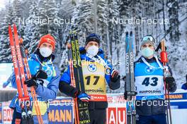 13.01.2022, Ruhpolding, Germany (GER): Benedikt Doll (GER), Quentin Fillon Maillet (FRA), Anton Smolski (BLR), (l-r) - IBU World Cup Biathlon, sprint men, Ruhpolding (GER). www.nordicfocus.com. © Manzoni/NordicFocus. Every downloaded picture is fee-liable.