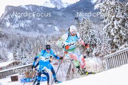 13.01.2022, Ruhpolding, Germany (GER): Simon Desthieux (FRA), Anton Sinapov (BUL), (l-r) - IBU World Cup Biathlon, sprint men, Ruhpolding (GER). www.nordicfocus.com. © Manzoni/NordicFocus. Every downloaded picture is fee-liable.
