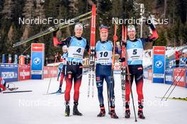 22.01.2022, Antholz, Italy (ITA): Johannes Thingnes Boe (NOR), Benedikt Doll (GER), Sturla Holm Laegreid (NOR), (l-r) - IBU World Cup Biathlon, mass men, Antholz (ITA). www.nordicfocus.com. © Thibaut/NordicFocus. Every downloaded picture is fee-liable.