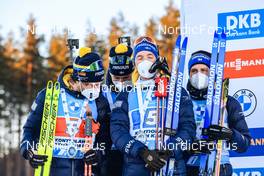 04.03.2022, Kontiolahti, Finland (FIN): Peppe Femling (SWE), Jesper Nelin (SWE), Martin Ponsiluoma (SWE), Sebastian Samuelsson (SWE), (l-r) - IBU World Cup Biathlon, relay men, Kontiolahti (FIN). www.nordicfocus.com. © Manzoni/NordicFocus. Every downloaded picture is fee-liable.