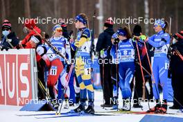 03.03.2022, Kontiolahti, Finland (FIN): Julia Schwaiger (AUT), Elvira Oeberg (SWE), Selina Gasparin (SUI), Lisa Vittozzi (ITA), (l-r) - IBU World Cup Biathlon, relay women, Kontiolahti (FIN). www.nordicfocus.com. © Manzoni/NordicFocus. Every downloaded picture is fee-liable.