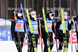 03.03.2022, Kontiolahti, Finland (FIN): Marte Olsbu Roeiseland (NOR), Tiril Eckhoff (NOR), Ida Lien (NOR), Ingrid Landmark Tandrevold (NOR), (l-r) - IBU World Cup Biathlon, relay women, Kontiolahti (FIN). www.nordicfocus.com. © Manzoni/NordicFocus. Every downloaded picture is fee-liable.